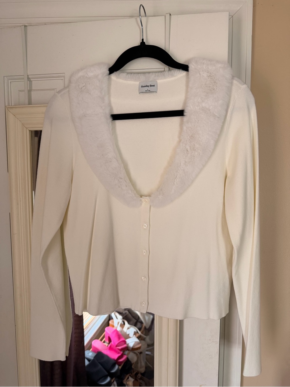 Sunday Best Cream Button-Up Cardigan with Faux-Fur Collar
